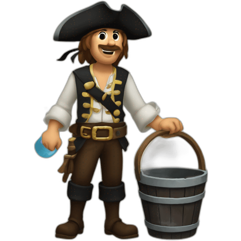 A pirate with an old wooden bucket in his hands. He is sending the water that is in the bucket away. emoji