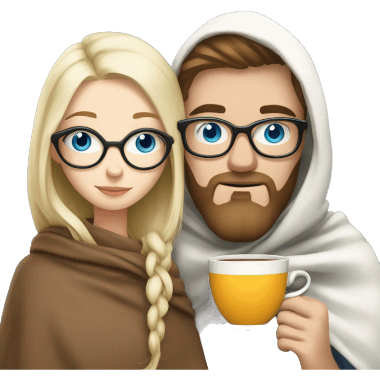 Pale blonde girl with blue eyes wearing glasses and pale man with short brunette and beard drinking tea under a blanket emoji