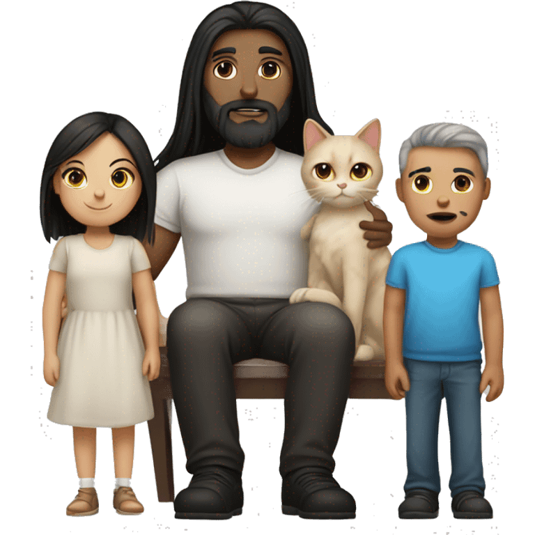 Black long hair mum and bald white bearded dad, one long brown hair girl, one black and white cat  emoji