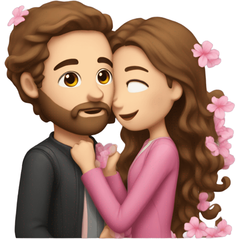 Guy with brown hair and a beard kissing a girl with long brown hair with pink flowers emoji