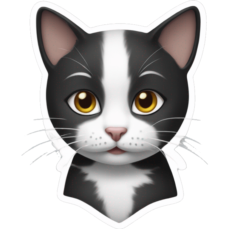 Create a sticker for a little black and white cat, she has white cheeks and a white stripe on her forehead emoji