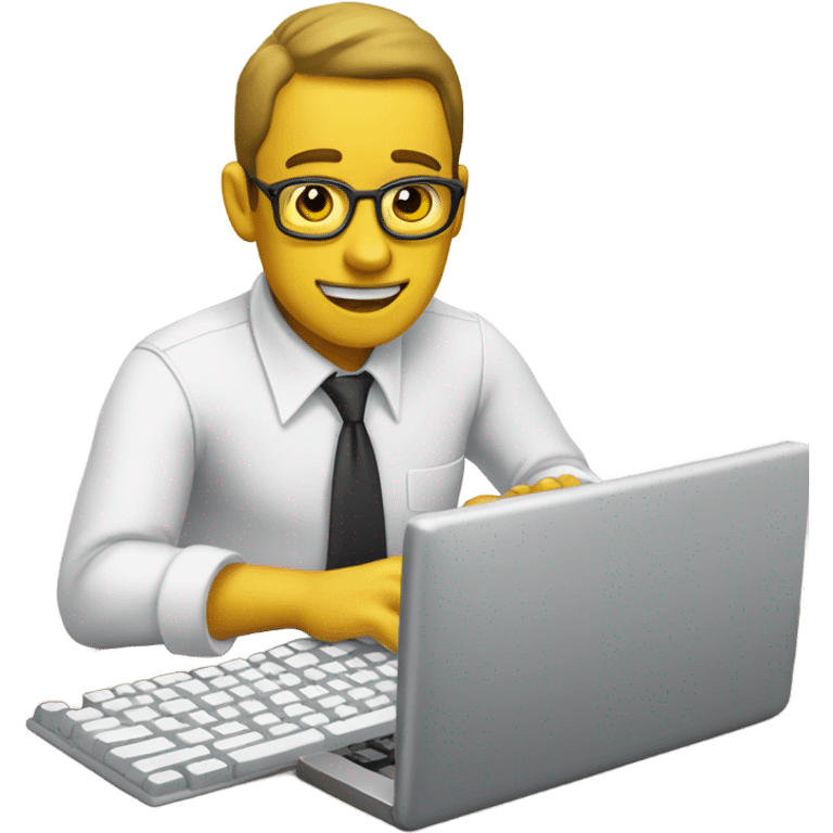 yellow skin man typing on keyboard wearing white button down shirt seating on desk front view emoji