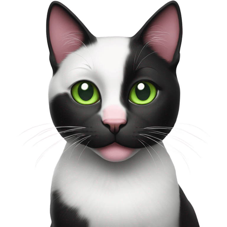 Black and white cat with green eyes and pink nose emoji