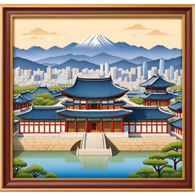 Cinematic Realistic Gyeongbokgung Palace Landmark Emoji, rendered with traditional Korean architecture, ornate wooden carvings, and vibrant colors, set against the backdrop of modern Seoul with soft evening light. emoji