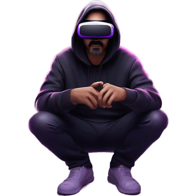 Big Lebowski wearing a black hoodie with "OMG" letters on it and VR headset oculus quest 2 in a cyberpunk VR environment with violet neon lighting. Showing direction with hand emoji