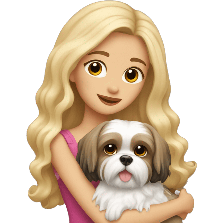 a girl with long, wavy brunette hair hugging a Shih Tzu with blonde fur and a cute bow emoji