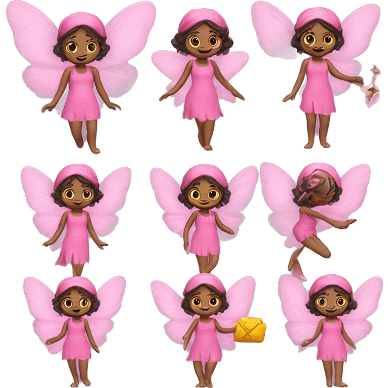 Fairy in a pink outfit and wings in different actions and situations with the addition of different objects emoji