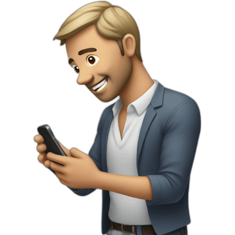 A man talks to his mobile phone sideways emoji