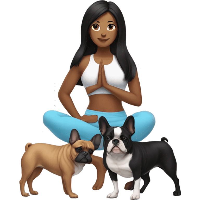 latin women with long black hair in yoga outfit standing alongside two french bulldogs  emoji