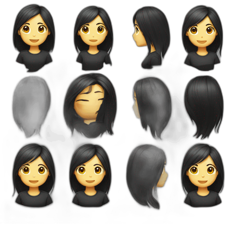 black long untied hair with yellow highlights. Female asian round face in a black shirt emoji