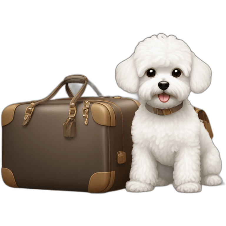 a white maltipoo with a luggage next to him emoji