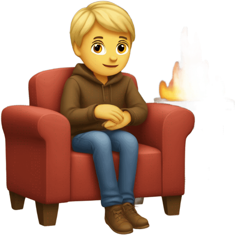 Blonde boy sitting in chair by fireplace  emoji