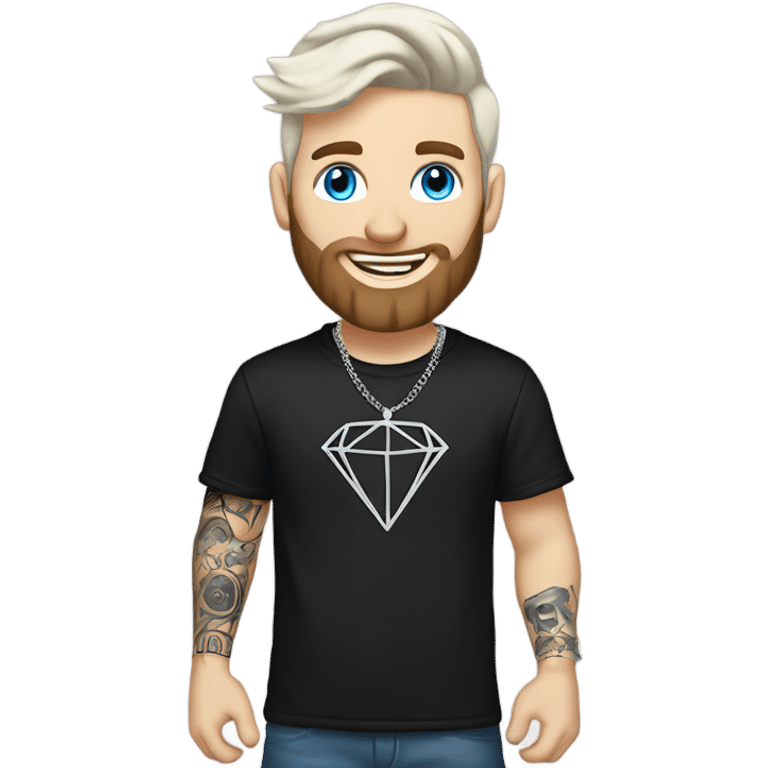 Younger white male that has grey blue eyes, dark brown hair with grey on the sides, a beard, and tattoos. He is wearing a diamond coated white gold necklace and a black punk band t-shirt while waving hello emoji