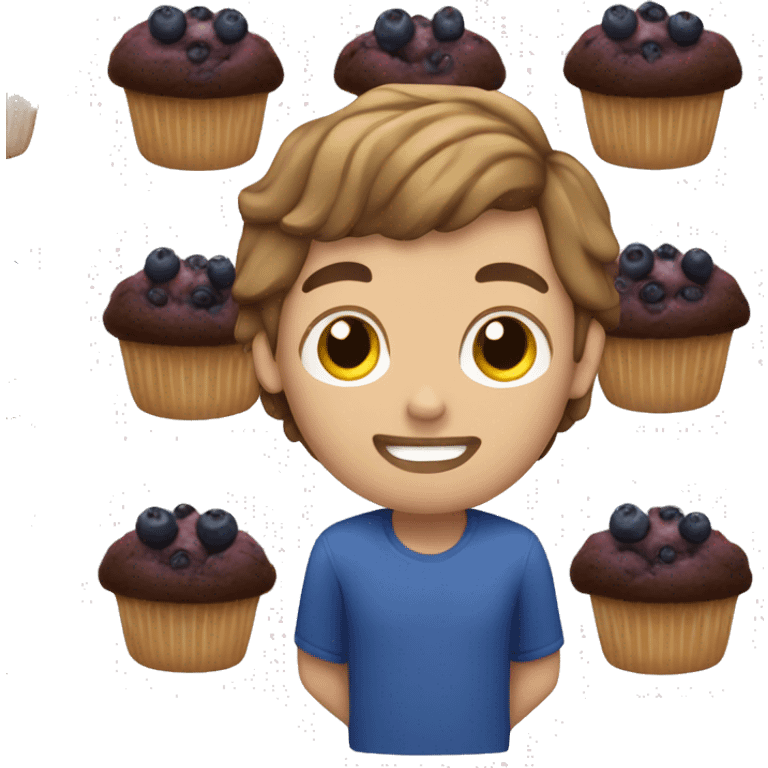 White boy with brown hair holding blueberry muffin emoji