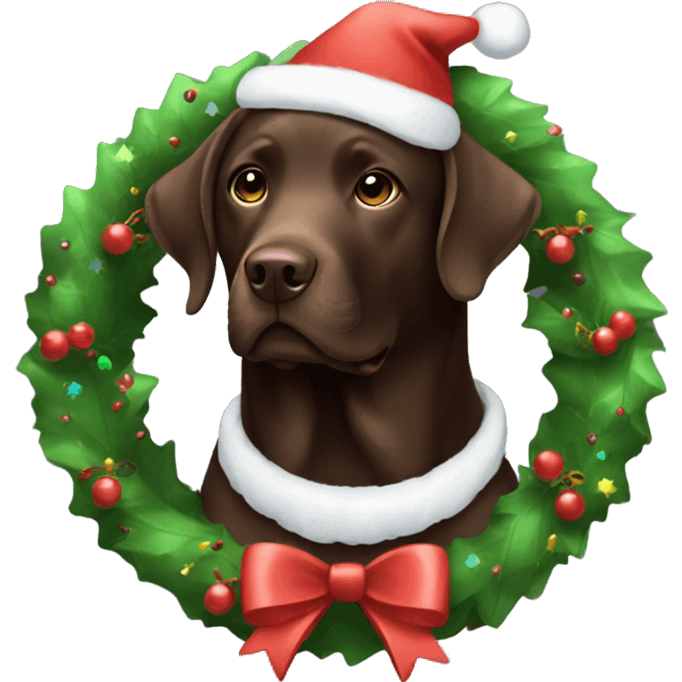 Chocolate Labrador wearing Christmas wreath emoji