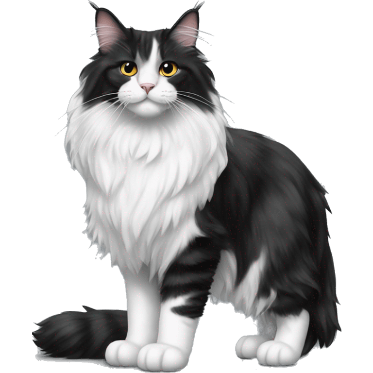 A black and white Maine Coon cat stands on the floor emoji