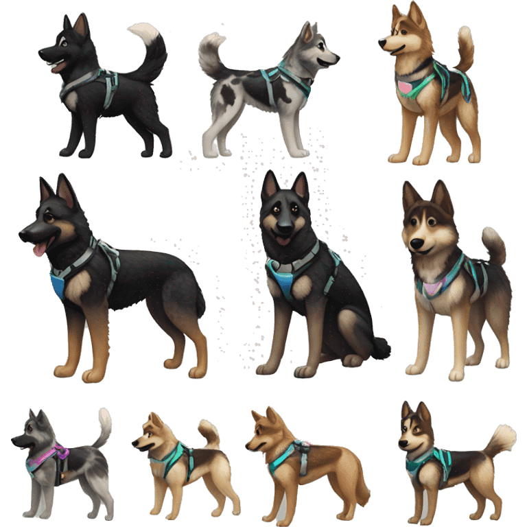  Black spotted brindle German shepherd husky fluffy ears and holographic harness running emoji