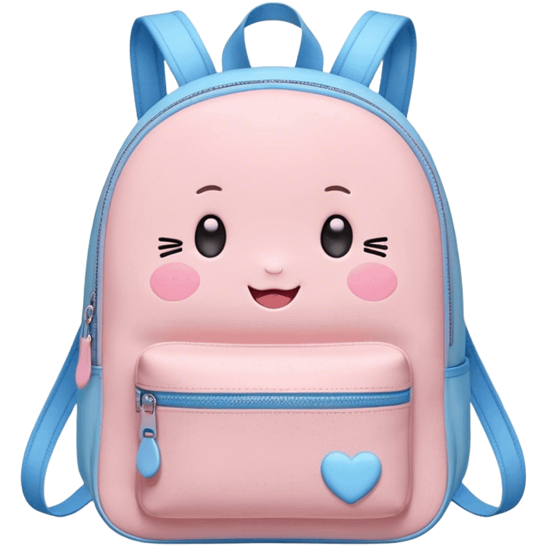 Cute Kawaii Backpack, round and chubby, soft pastel pink and blue, tiny heart-shaped zippers, blushing cheeks, a tiny smiling face, a happy school-time companion! emoji