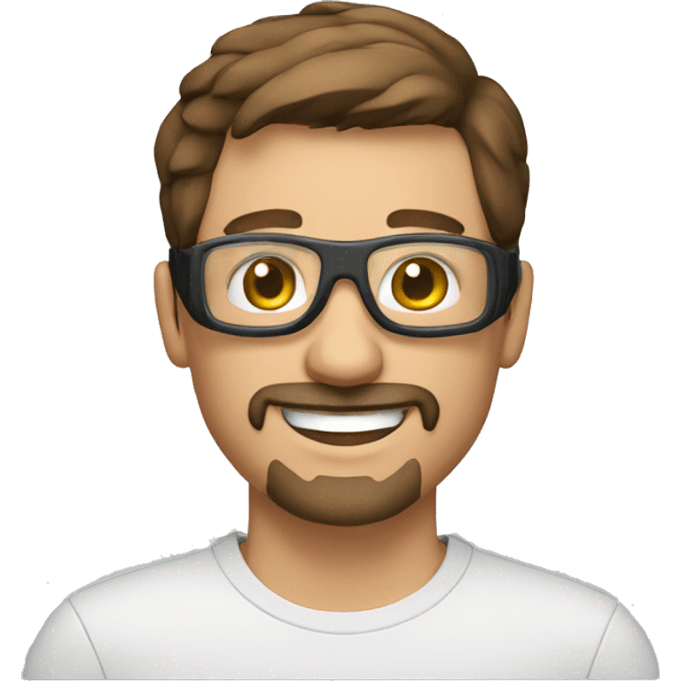 Smiling man with short brown hair, transparent goggles and a goatee emoji