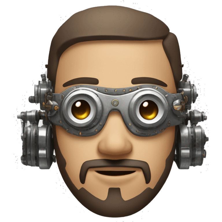 male cyborg head with brown short hair, brown beard, silver steampunk goggles and circuitry emoji