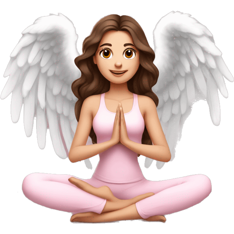 Brunette long curled hair and brown eyes yoga beautiful girl in light pink clothes sitting on a yoga mat with angel wings emoji