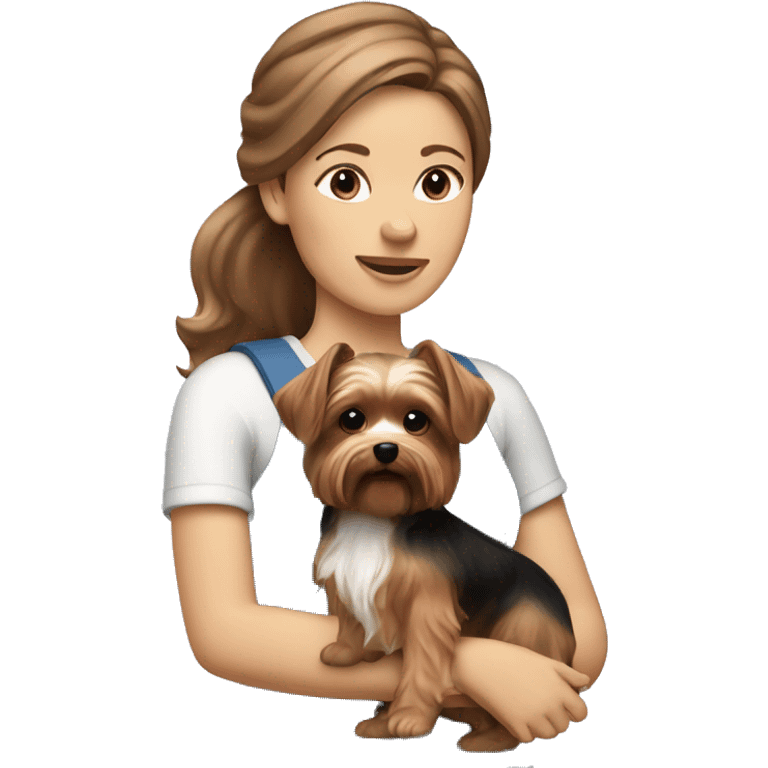 white brown haired women holding a yorkie dog emoji