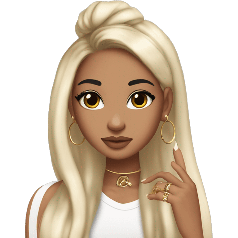 Glamorous, streetwear, black hair, long straight hair, olive skin, brown almond eyes, winged eyeliner with big lashes, wearing hooped earrings, rings and bracelets, almond shaped fake nails, wearing athletic wear emoji