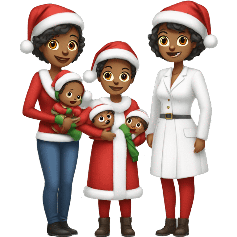 Woman with two babies, a son and a daughter and they are all wearing Christmas outfits emoji