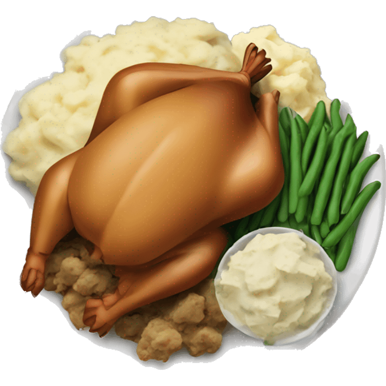 Thanksgiving plate with turkey, mashed potatoes, stuffing and green beans  emoji