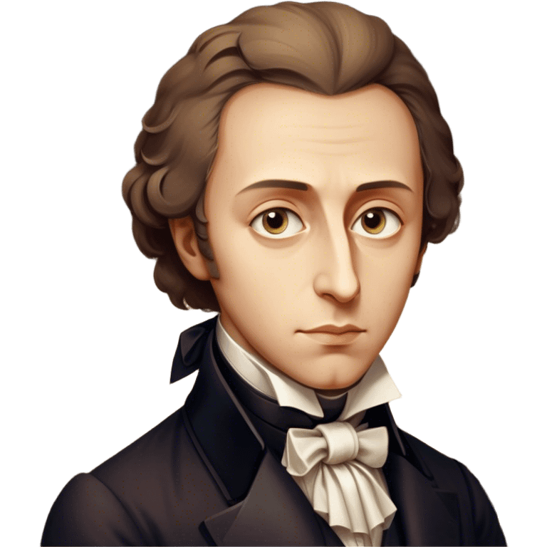 Cinematic Realistic Chopin Portrait Emoji, depicted as an introspective composer with expressive eyes and period attire, rendered with rich textured detail and soft classical lighting that captures his emotive musical genius. emoji