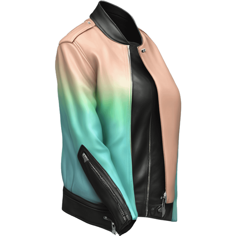 Hyper Realistic isolated side view of an open black,peach,pastel green,pastel blue ombre feminine fashion leather jacket.  emoji