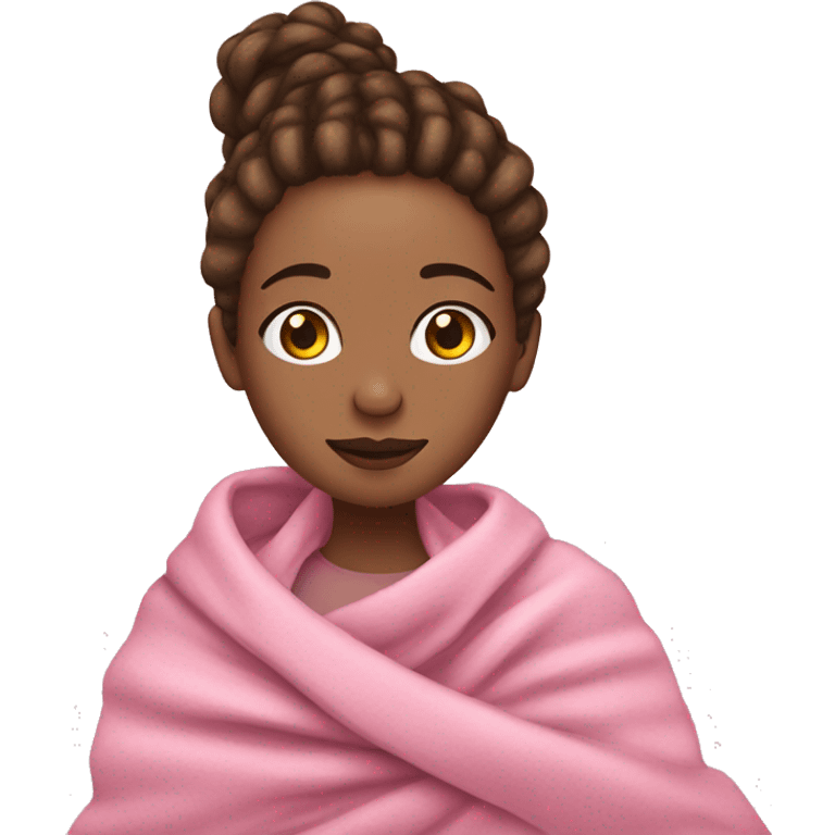 girl with brown dread loc hair and light skin cuddled in a pink blanket emoji