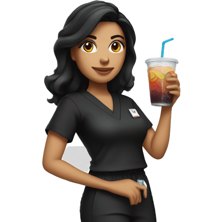 Hispanic woman in black scrubs holding drinks emoji