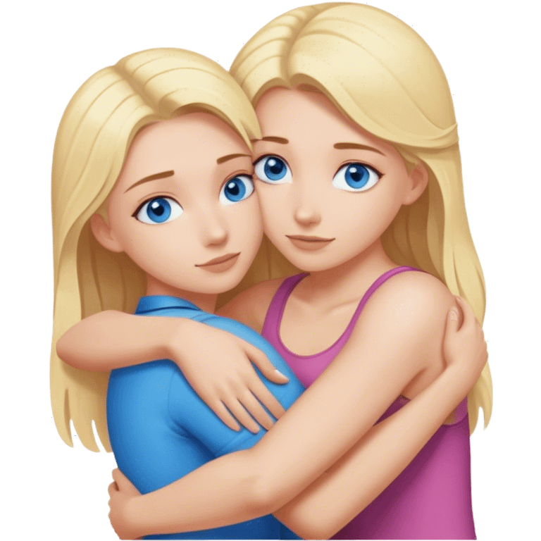 Cinematic realistic blonde with blue eyes hugs another blonde girl from behind emoji