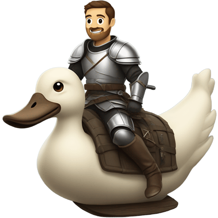 Confident armored White Man with dark brown hair and a short beard riding on the back of a giant armored duck emoji