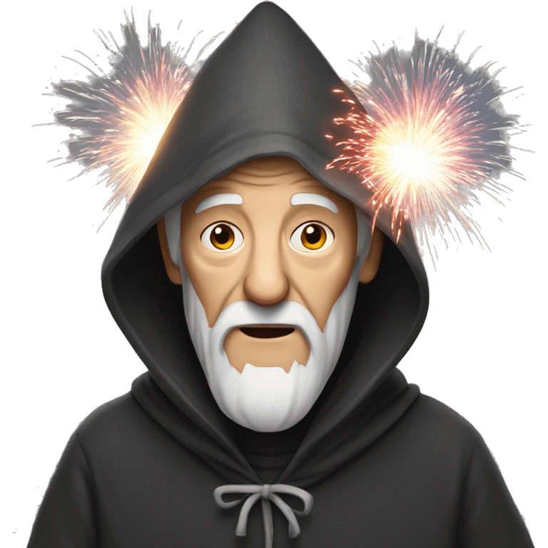 old man in hooded portrait holding firework  emoji