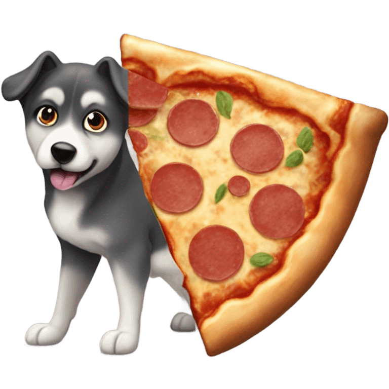 Black and gray Eurasian dog eating pizza emoji