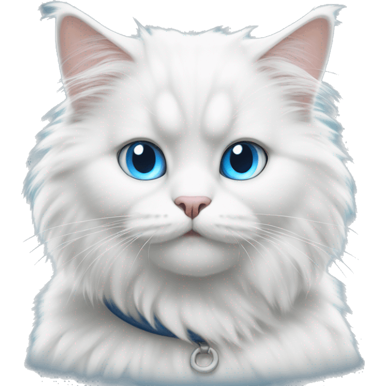 White fluffy cat sitting face forward with blue eyes and very fluffy tail and grey collar emoji