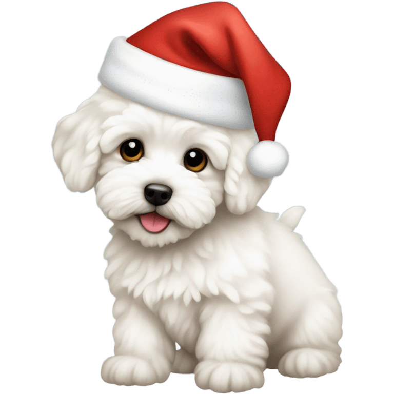 White Maltipoo puppy wearing a santa hat emoji