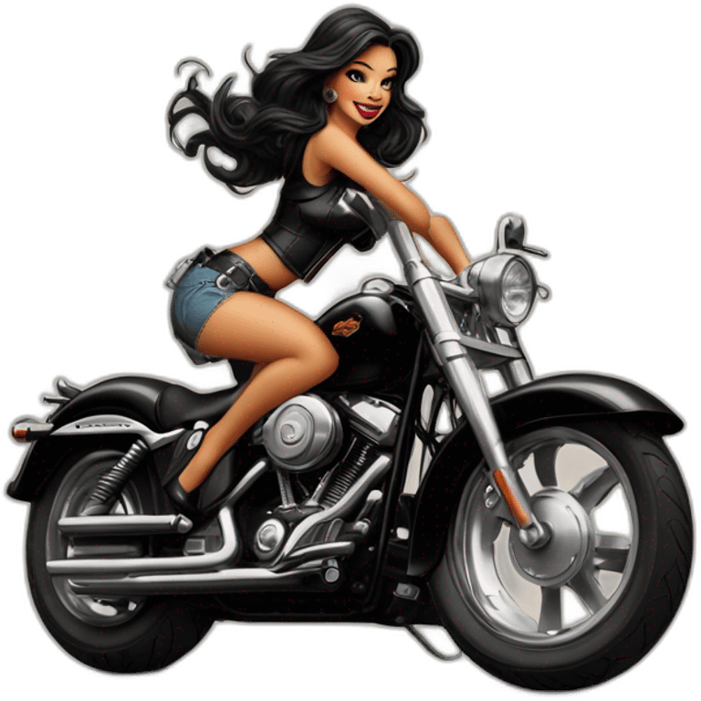 Chica pin up pelirroja sobre moto Harley Davidson negra emoji