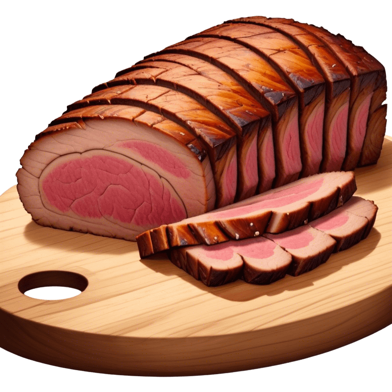 Cinematic smoked brisket, deep mahogany crust, perfectly sliced to reveal juicy marbled meat, warm smoky aroma, served on a wooden board, rich and flavorful, ultra-detailed and appetizing. emoji