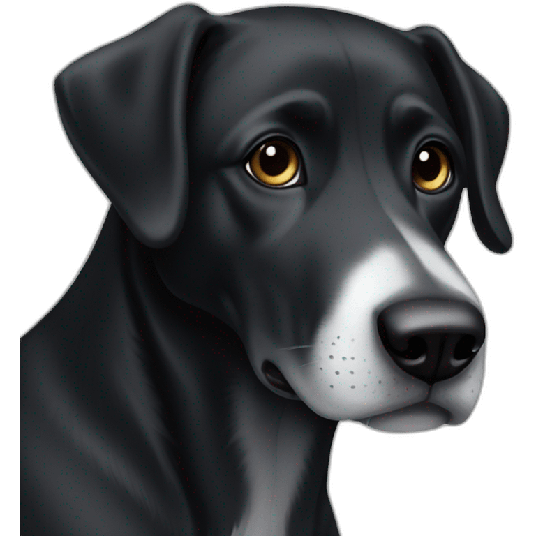 A black dog with a black muzzle with a white spot on his chest. With a long nose and floppy ears emoji