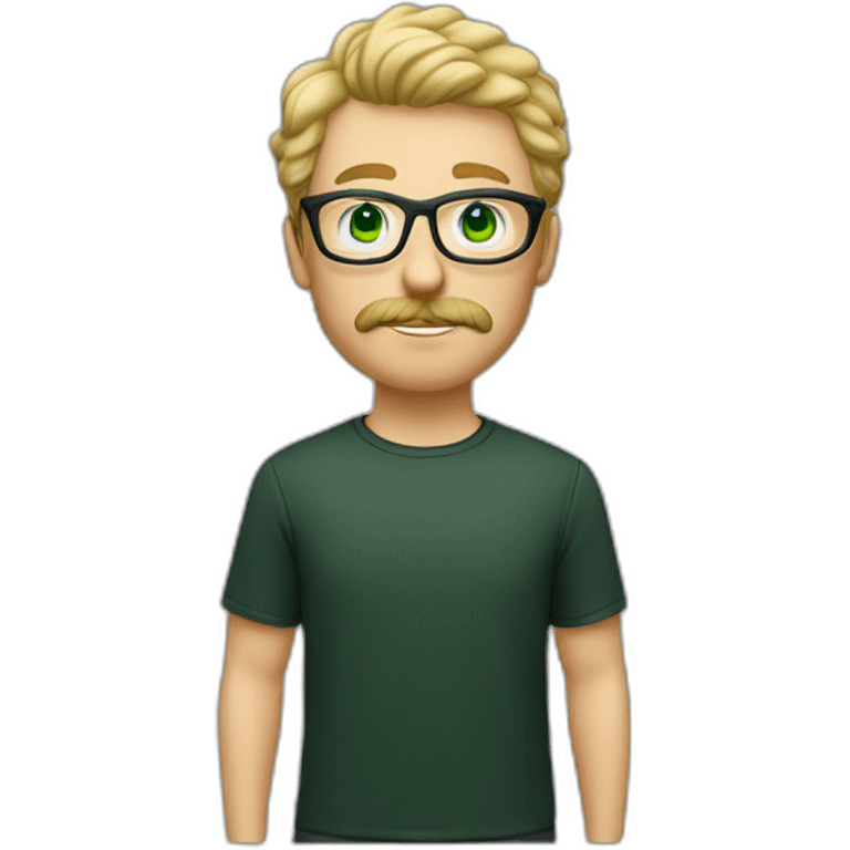 young adult white man with short, curly blond hair, green eyes, transparent acetate glasses, a mustache, and a short beard. black t-shitt emoji