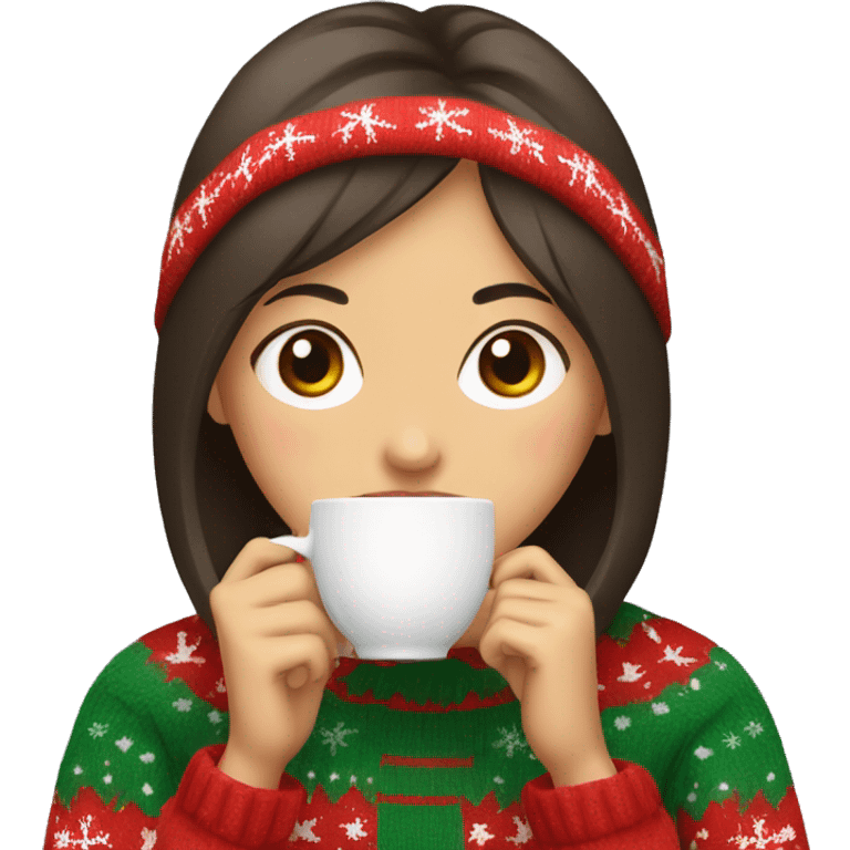 asian girl drinking coffee wearing Christmas sweater emoji