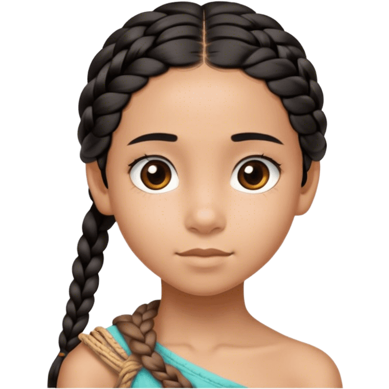 A thin 10-year-old mixed-race girl with almost black hair braided into a single plait draped over her shoulder and dark brown eye emoji