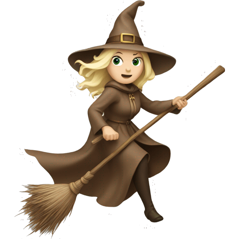 Blonde white witch in brown dress flying on broom emoji