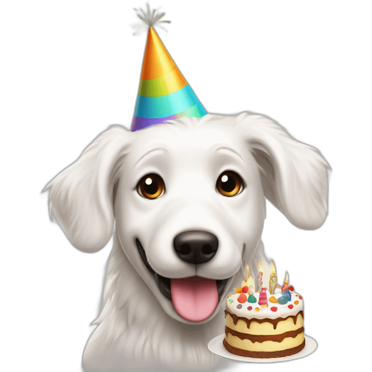 happy white dog with party hat blowing out candles on a cake emoji