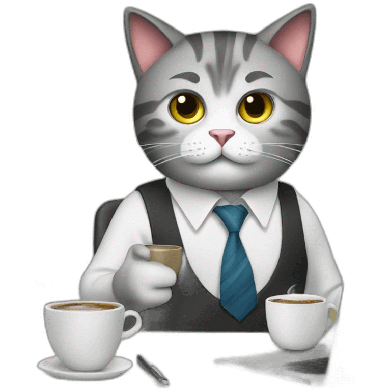 Business cat, wearing a shirt and tie, working at his desk with a cup of coffee, the cat looks stressed emoji