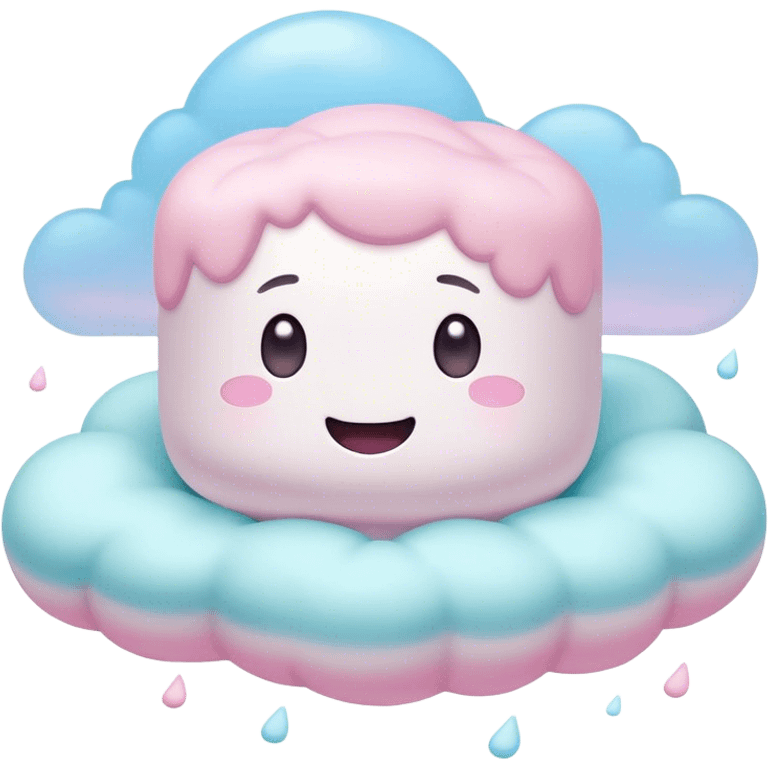 Cinematic fluffy pastel marshmallow character, soft round edges, tiny sparkly eyes, a small happy smile, glowing warmly, floating in a dreamy soft sky. emoji