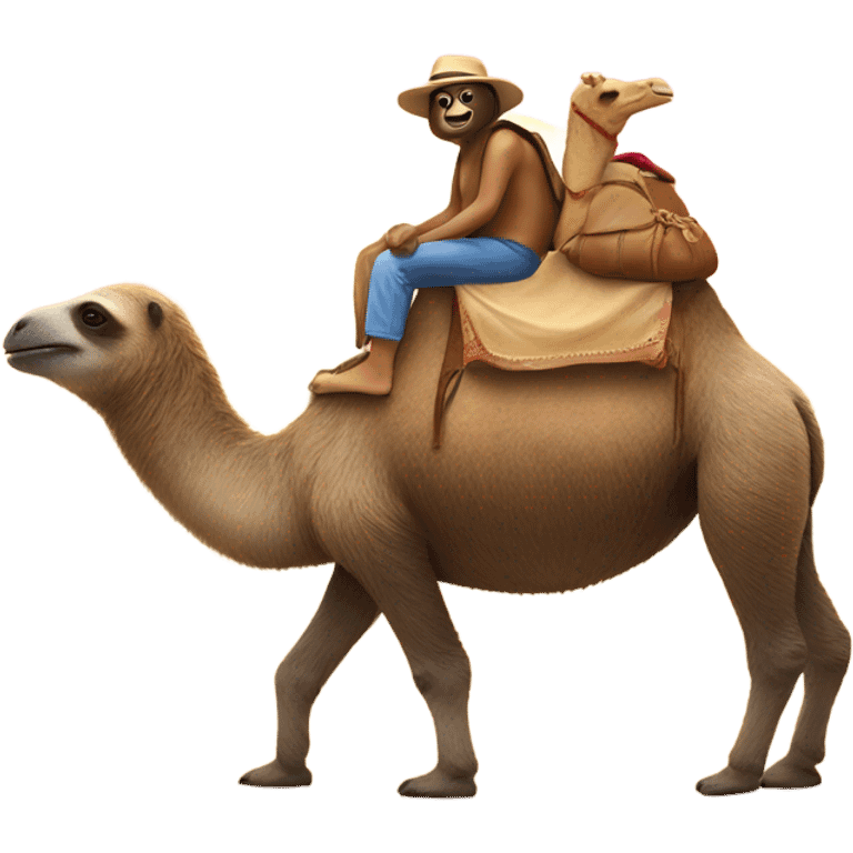 sloth riding a camel on a beach into the sunset emoji